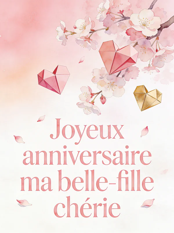 Cœurs en origami rose et or parmi des fleurs de cerisier avec pétales tombant joyeux anniversaire ma belle-fille chérie