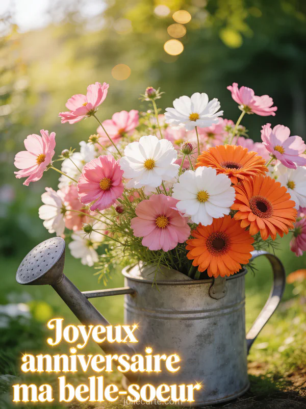 Bouquet de cosmos roses et gerberas orangés dans un arrosoir vintage en zinc avec lumière de matin d'été
