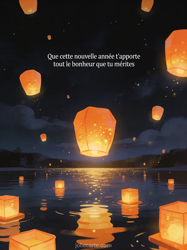 Lanternes lumineuses orange et dorées flottant dans un ciel nocturne au-dessus d'un lac avec texte de vœux