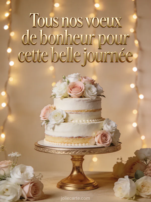 Gâteau à étages décoré de fleurs roses et blanches sur présentoir doré avec guirlandes lumineuses vœux anniversaire belle-fille