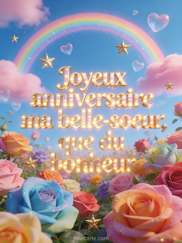 Arc-en-ciel au-dessus d'un jardin de roses multicolores avec étoiles dorées et cœurs flottants sur fond bleu ciel