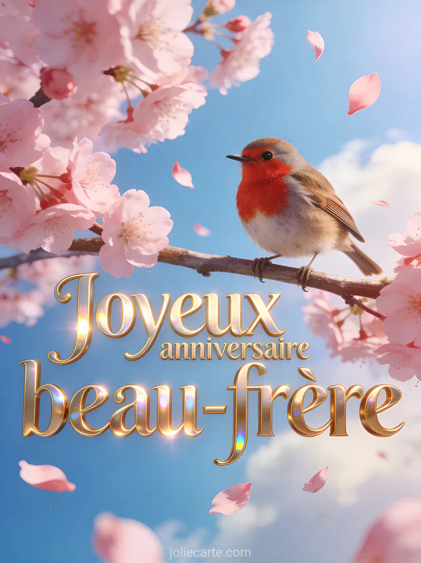 Carte anniversaire beau-frère avec rouge-gorge sur branche de cerisier en fleurs roses pétales volants ciel bleu