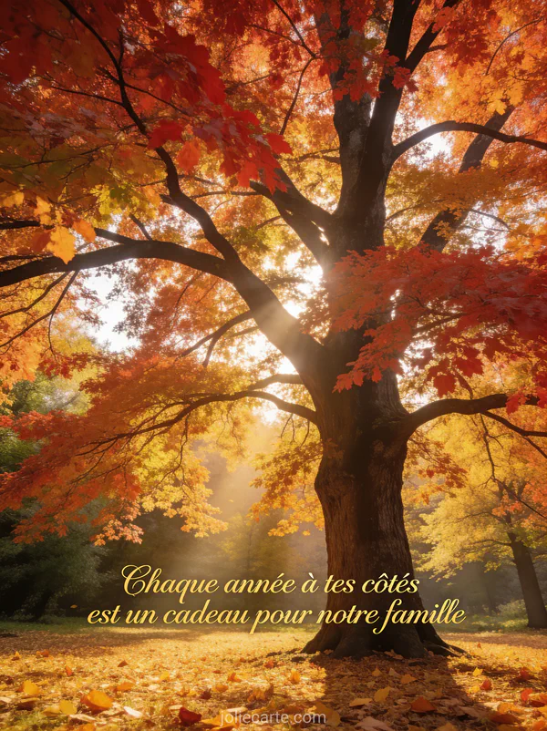 Arbre majestueux au feuillage automnal rouge et orange dans une clairière baignée de lumière dorée