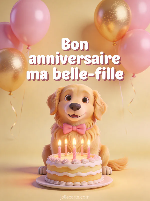 Golden retriever avec nœud papillon rose devant un gâteau d'anniversaire et ballons roses bon anniversaire belle-fille
