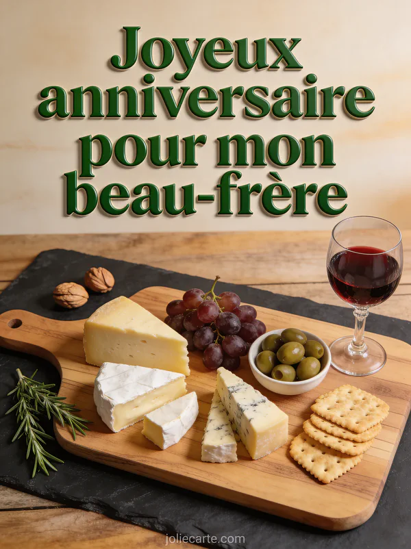 Carte anniversaire beau-frère avec plateau apéritif fromages raisins vin rouge sur planche bois olivier