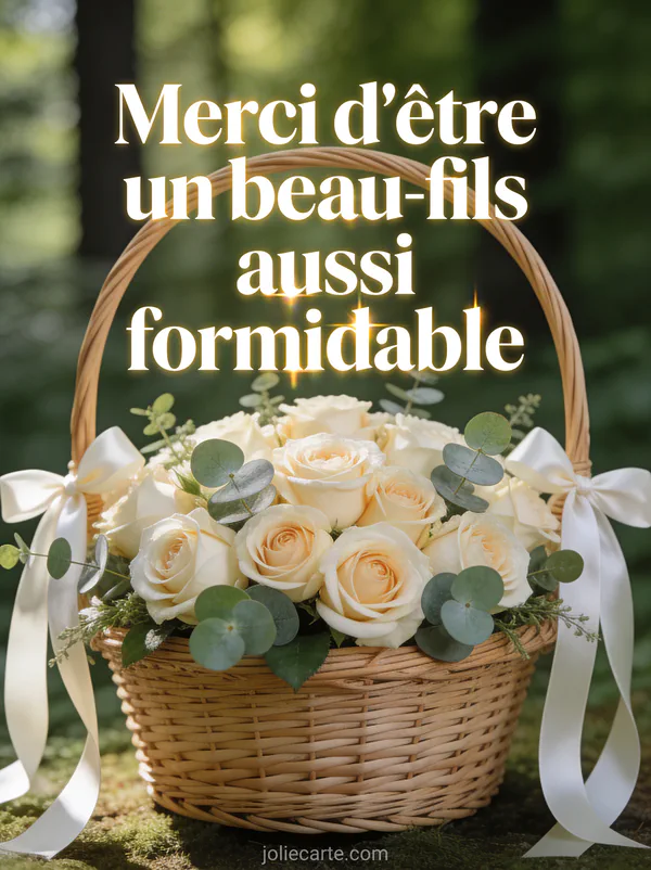 Panier tressé de roses crème et eucalyptus avec rubans ivoire et le texte Merci d'être un beau-fils formidable