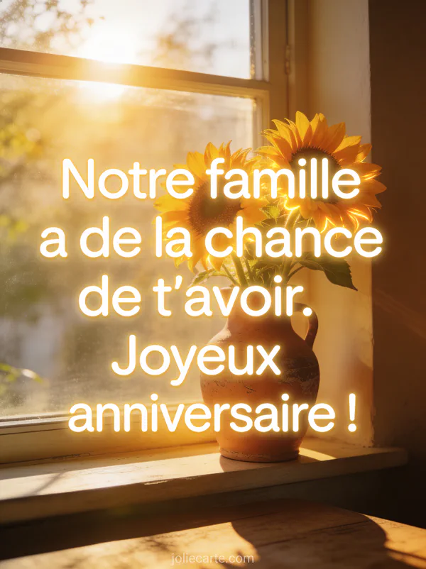 Tournesols lumineux dans un vase en terre cuite sur un rebord de fenêtre ensoleillé texte joyeux anniversaire belle-fille