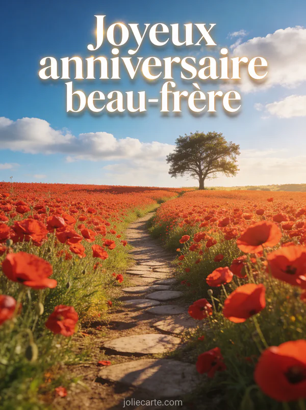 Carte anniversaire beau-frère avec champ de coquelicots rouges chemin de terre ciel bleu et lumière dorée