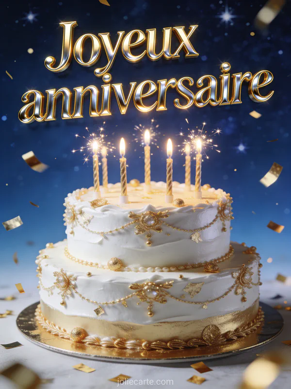 Gâteau d'anniversaire à deux étages blanc et or avec bougies scintillantes et confettis dorés sur fond étoilé