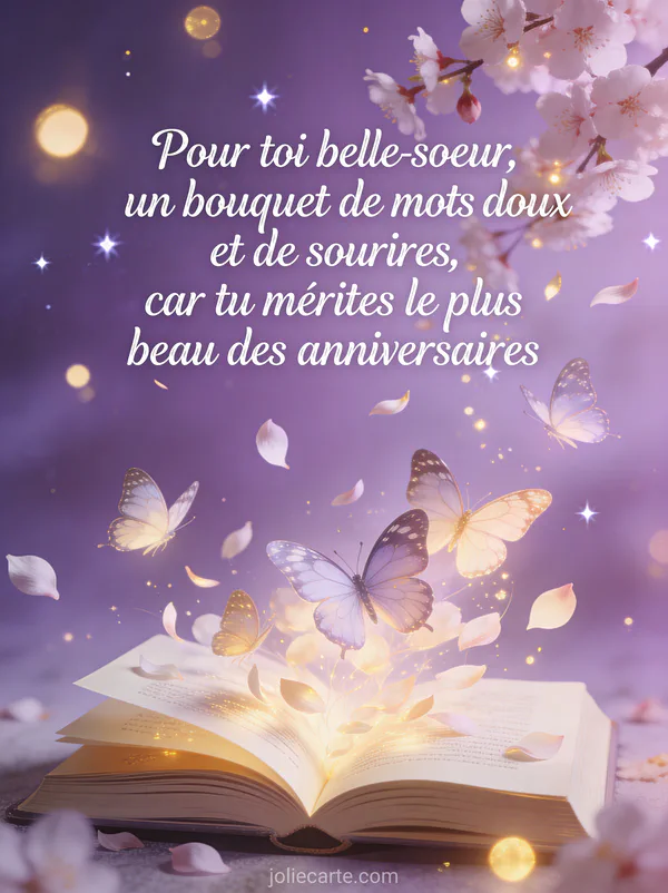 Livre ouvert dont les pages se transforment en papillons et pétales de cerisier avec lumières dorées