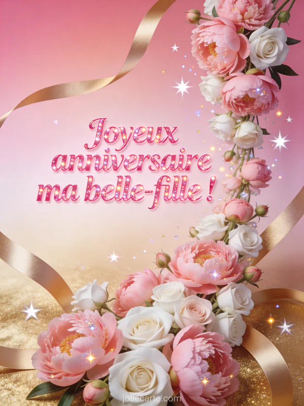 Cascade de pivoines roses et roses blanches avec étoiles scintillantes et rubans dorés joyeux anniversaire belle-fille