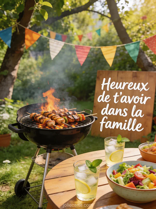 Carte texte anniversaire beau-frère avec barbecue jardin limonade fanions colorés ambiance familiale été