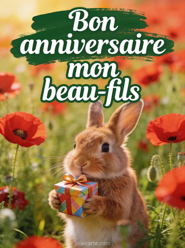 Lapin brun tenant un petit cadeau coloré dans un champ de coquelicots rouges et le texte Bon anniversaire mon beau-fils