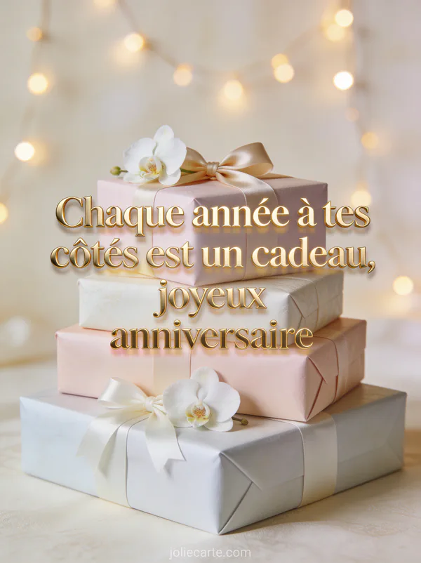 Pile de cadeaux emballés en papier pastel avec nœuds satin et orchidées blanches devant guirlande lumineuse