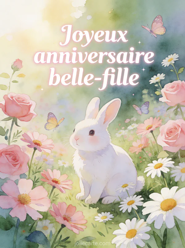 Lapin blanc dans un jardin fleuri avec cosmos roses marguerites et papillons joyeux anniversaire belle-fille