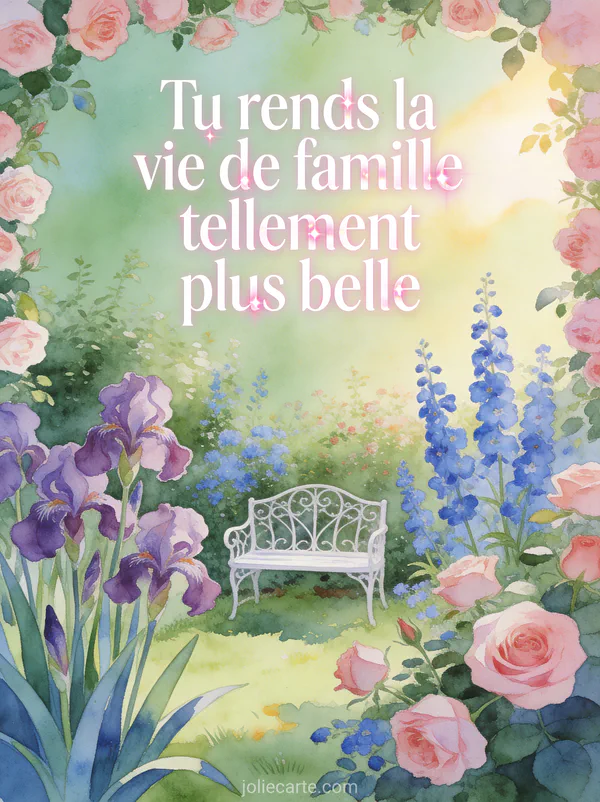 Jardin anglais avec iris violets delphiniums bleus et roses anciennes autour d'un banc en fer forgé blanc aquarelle