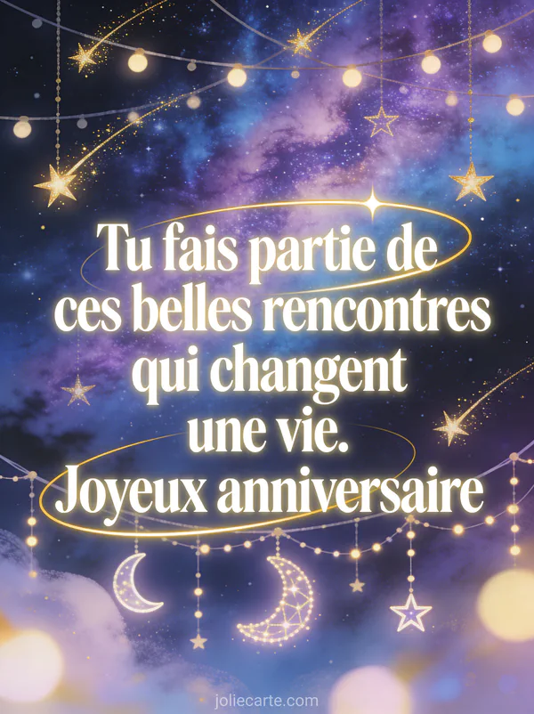 Ciel étoilé féerique avec étoiles filantes dorées voie lactée et guirlandes lumineuses message anniversaire belle-fille