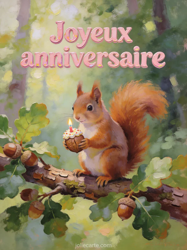 Écureuil roux tenant une noisette décorée comme un gâteau avec bougie sur branche de chêne en forêt