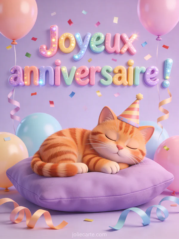 Chat roux tigré endormi sur un coussin violet avec chapeau de fête ballons pastel et serpentins carte anniversaire belle-fille