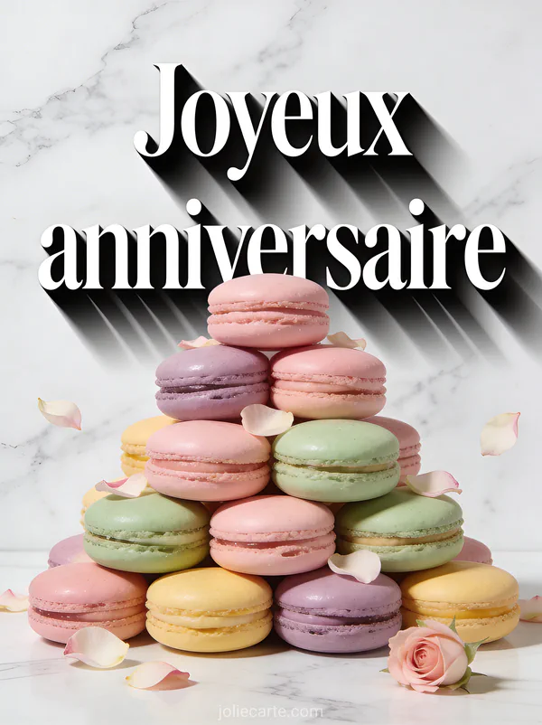 Pyramide de macarons pastel roses mauves verts et jaunes avec pétales de rose sur fond marbre blanc