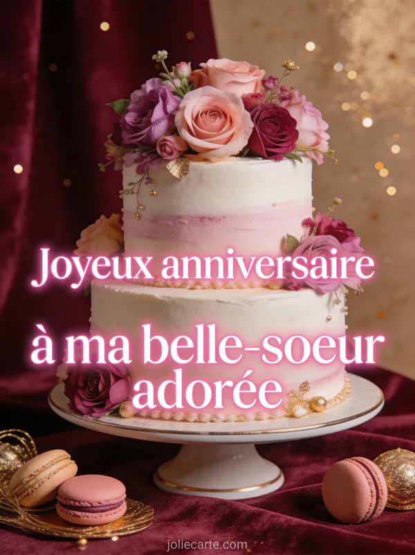 Gâteau deux étages décoré de fleurs roses et mauves avec macarons et dorures sur fond velours bordeaux