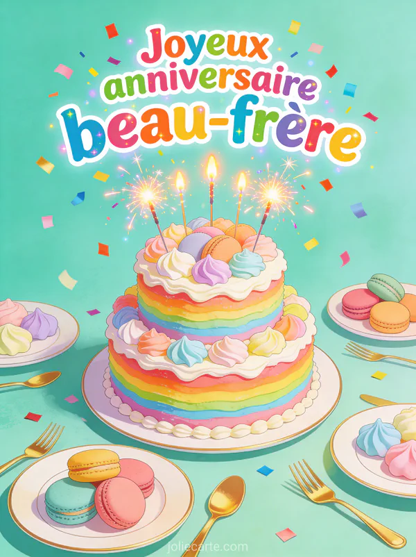 Gif anniversaire beau-frère avec gâteau trois étages crème arc-en-ciel macarons meringues et sparklers