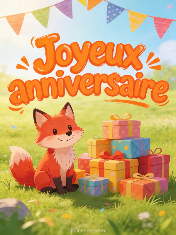 Renard roux souriant assis à côté de cadeaux colorés avec guirlande de fanions et le texte Joyeux anniversaire