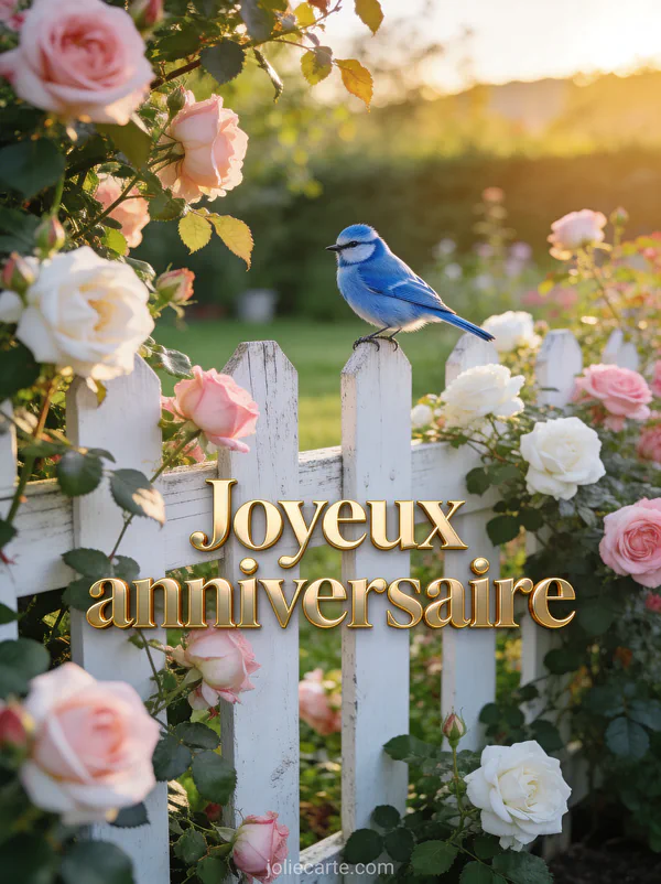 Mésange bleue posée sur clôture de jardin blanche avec rosiers grimpants roses dans lumière dorée