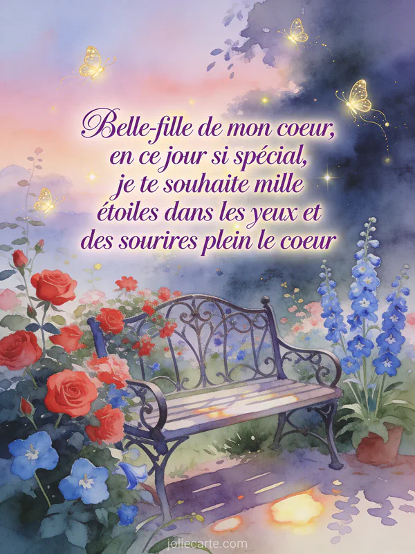 Jardin enchanté au crépuscule avec lucioles dorées banc en fer forgé roses trémières et delphiniums poème anniversaire belle-fille