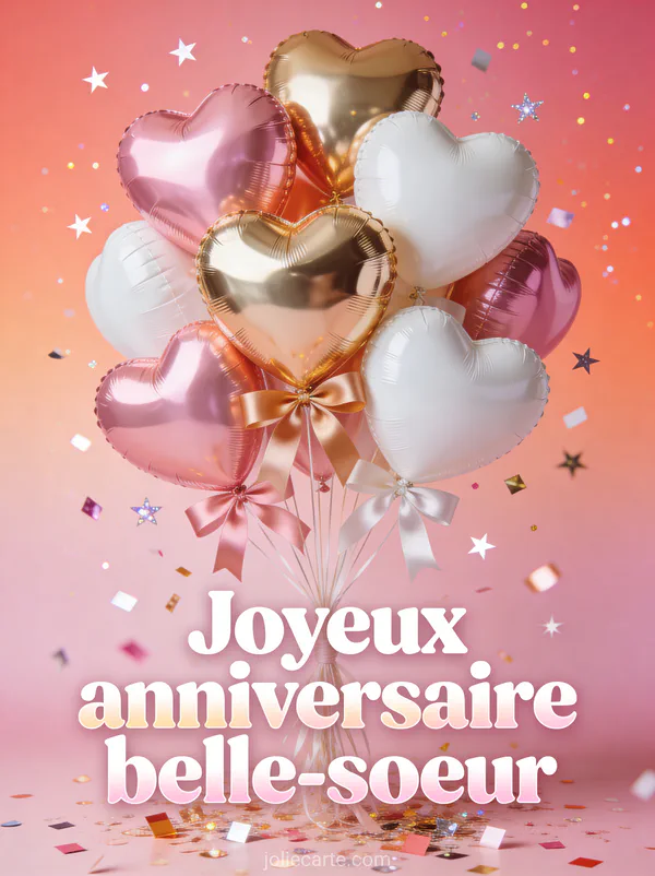 Ballons en forme de cœur roses dorés et blancs avec rubans satin confettis et étoiles sur fond rose pailleté