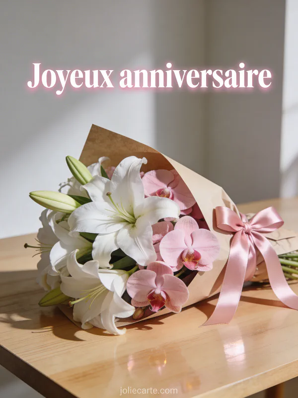 Bouquet de lys blancs et orchidées roses dans emballage kraft avec ruban satin rose carte anniversaire belle-fille