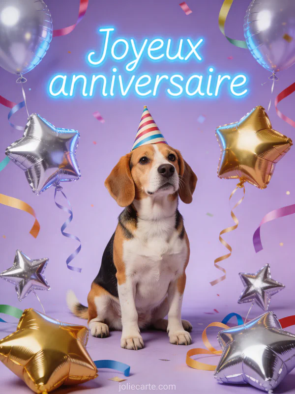 Chien beagle avec chapeau de fête entouré de ballons étoilés argentés et dorés et le texte Joyeux anniversaire