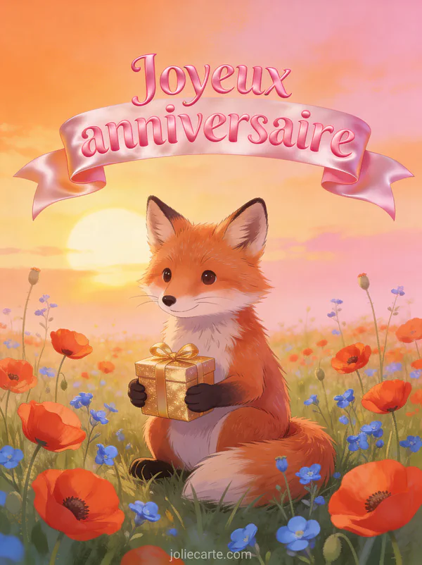 Renard roux assis dans un pré de coquelicots et bleuets tenant un cadeau doré au soleil couchant