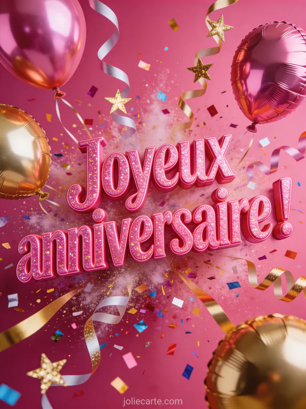 Explosion de confettis colorés serpentins étoiles dorées et ballons métalliques roses joyeux anniversaire belle-fille
