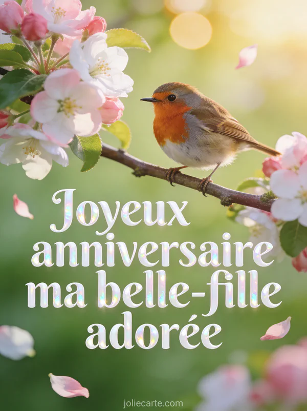 Rouge-gorge posé sur une branche de pommier en fleurs roses et blanches pétales tombant joyeux anniversaire belle-fille adorée