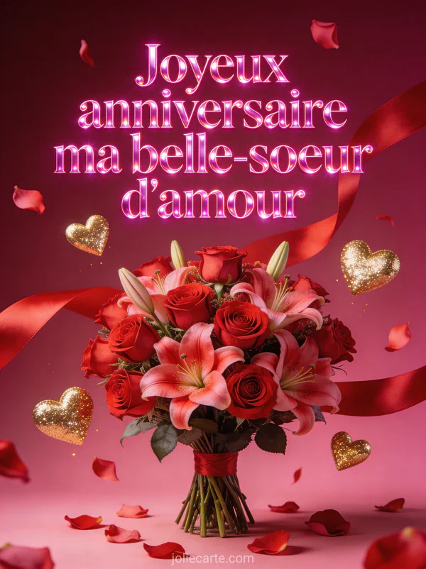 Arrangement de roses rouges et lys roses avec cœurs dorés scintillants et rubans satin rouge sur fond rose