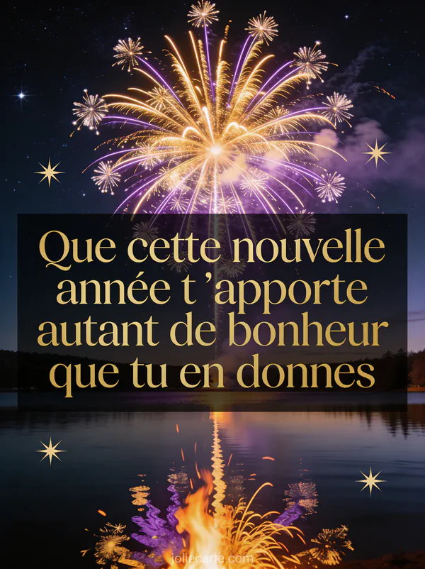 Feu d'artifice doré et violet dans un ciel nocturne étoilé avec reflets sur un lac calme anniversaire belle-fille