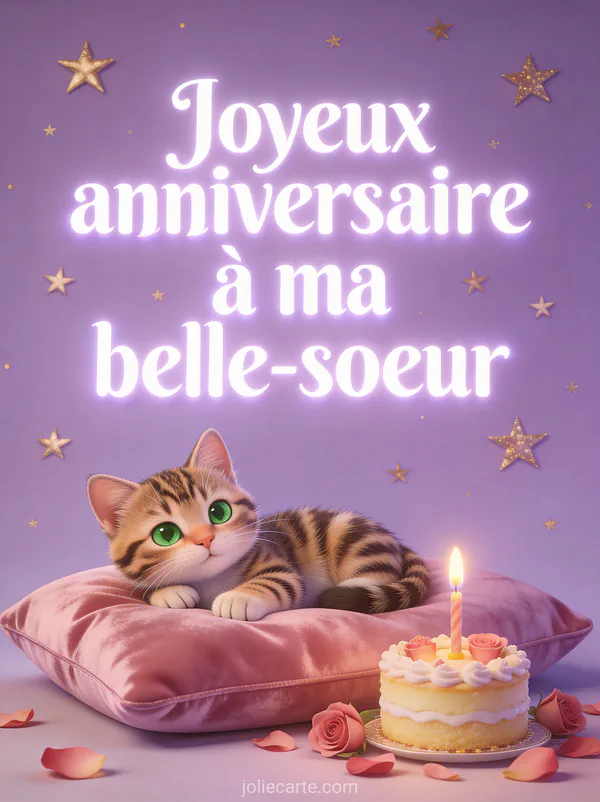 Chaton tigré aux yeux verts sur coussin de velours rose avec petit gâteau et bougie et pétales de rose