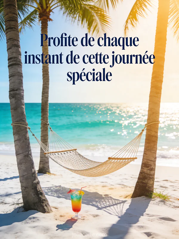 Hamac entre deux palmiers sur plage de sable blanc avec mer turquoise et cocktail coloré