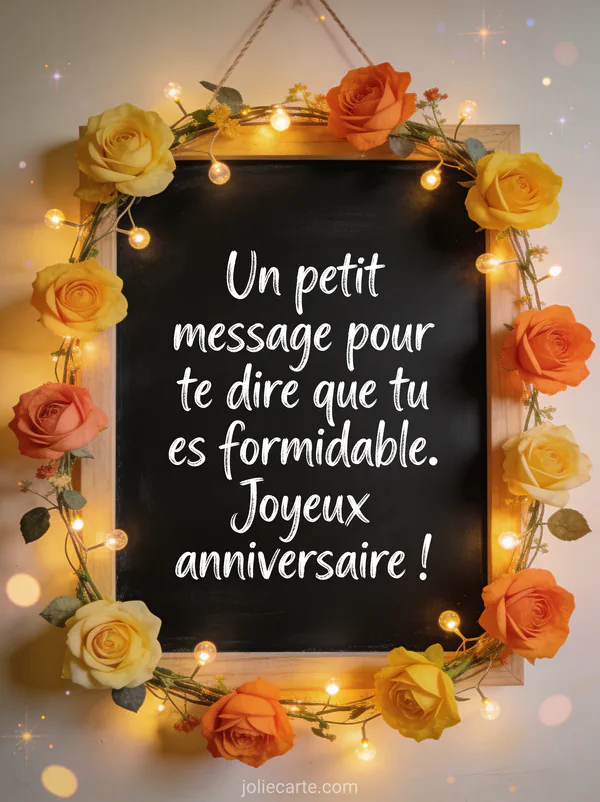 Tableau noir décoré de guirlandes de fleurs colorées style boho avec lumières et le texte tu es formidable anniversaire belle-fille