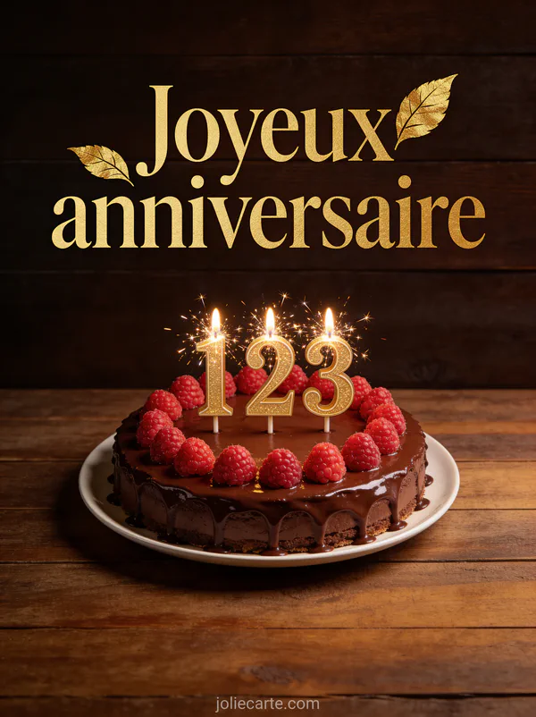 Gâteau au chocolat avec ganache lisse framboises et bougies scintillantes sur fond bois sombre