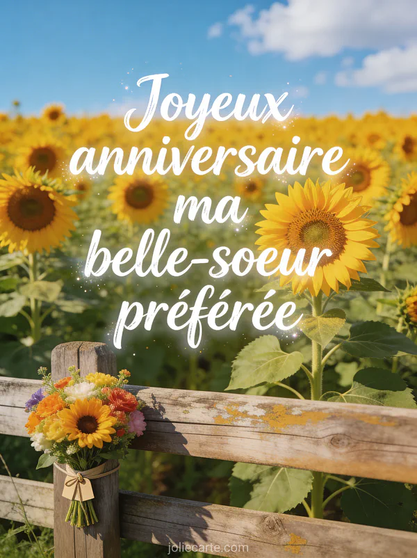 Champ de tournesols sous ciel bleu avec clôture en bois et petit bouquet attaché photo lumineuse