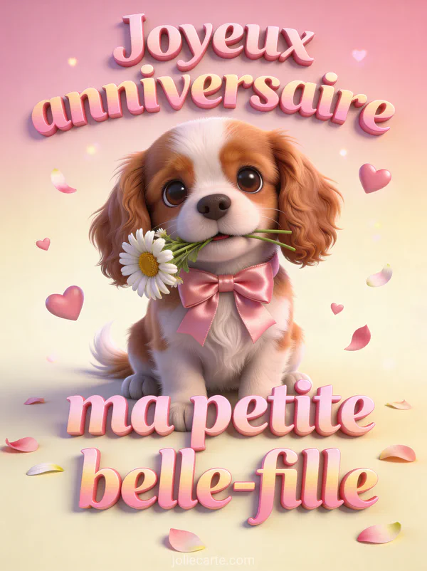 Chiot cavalier king charles avec nœud satin rose tenant un bouquet de marguerites joyeux anniversaire petite belle-fille