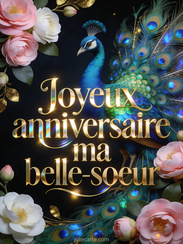 Paon aux plumes déployées bleu et vert irisé entouré de camélias roses et blanches sur fond sombre doré