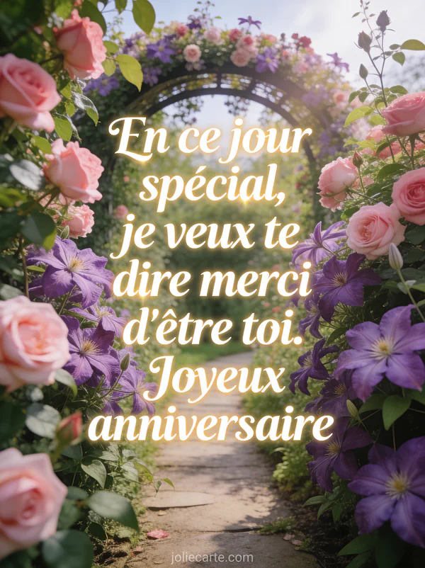 Sentier dans un jardin avec rosiers grimpants roses et clématites violettes tonnelle fleurie message anniversaire belle-fille