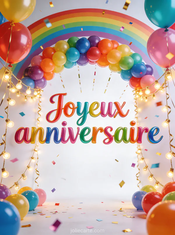 Arche de ballons multicolores arc-en-ciel avec guirlandes lumineuses et paillettes et le texte Joyeux anniversaire