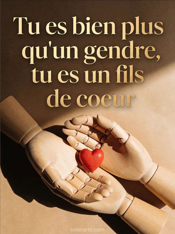 Mains sculptées en bois tenant un petit cœur rouge sur fond papier kraft avec le texte fils de cœur