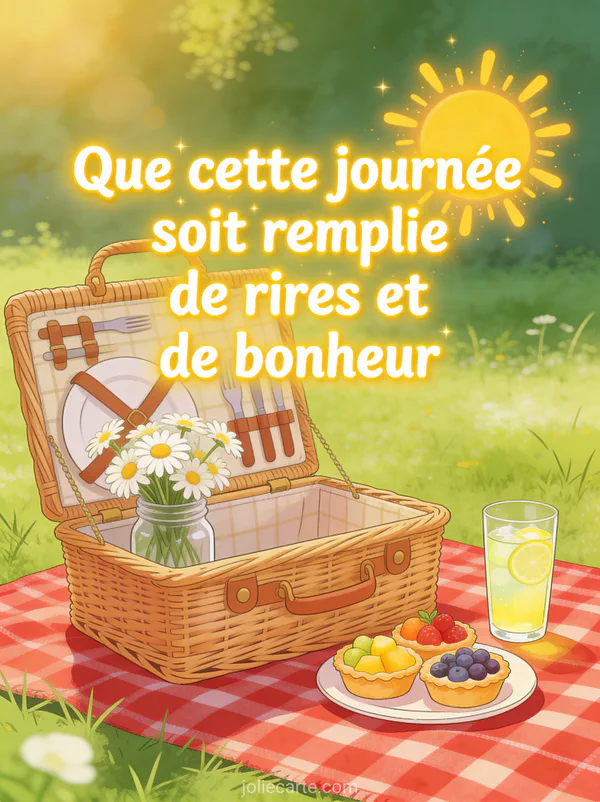 Panier pique-nique en osier avec tartelettes limonade et marguerites sur couverture à carreaux dans une prairie