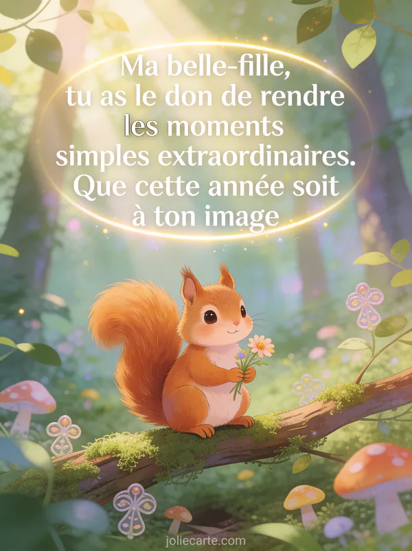 Écureuil roux tenant une fleur sauvage sur une branche moussue dans une forêt enchantée avec rayons de soleil poème anniversaire