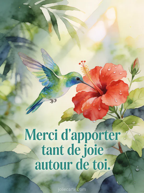 Colibri aux plumes irisées vertes et bleues butinant un hibiscus rouge avec rosée et fond tropical